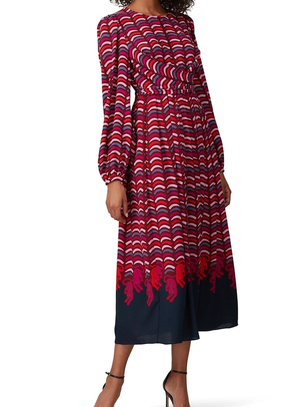 Kate Spade New York Geometric Panther Midi Dress Long Sleeve Tie Waist Size 12